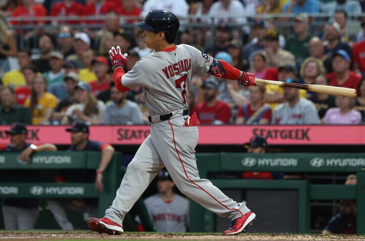 Aug 15, 2026; Pittsburgh, Pennsylvania, USA;  Boston Red Sox designated hitter Masataka Yoshida (7) hits a double against the Pittsburgh Pirates during the third inning at PNC Park. Mandatory Credit: Charles LeClaire-Imagn Images