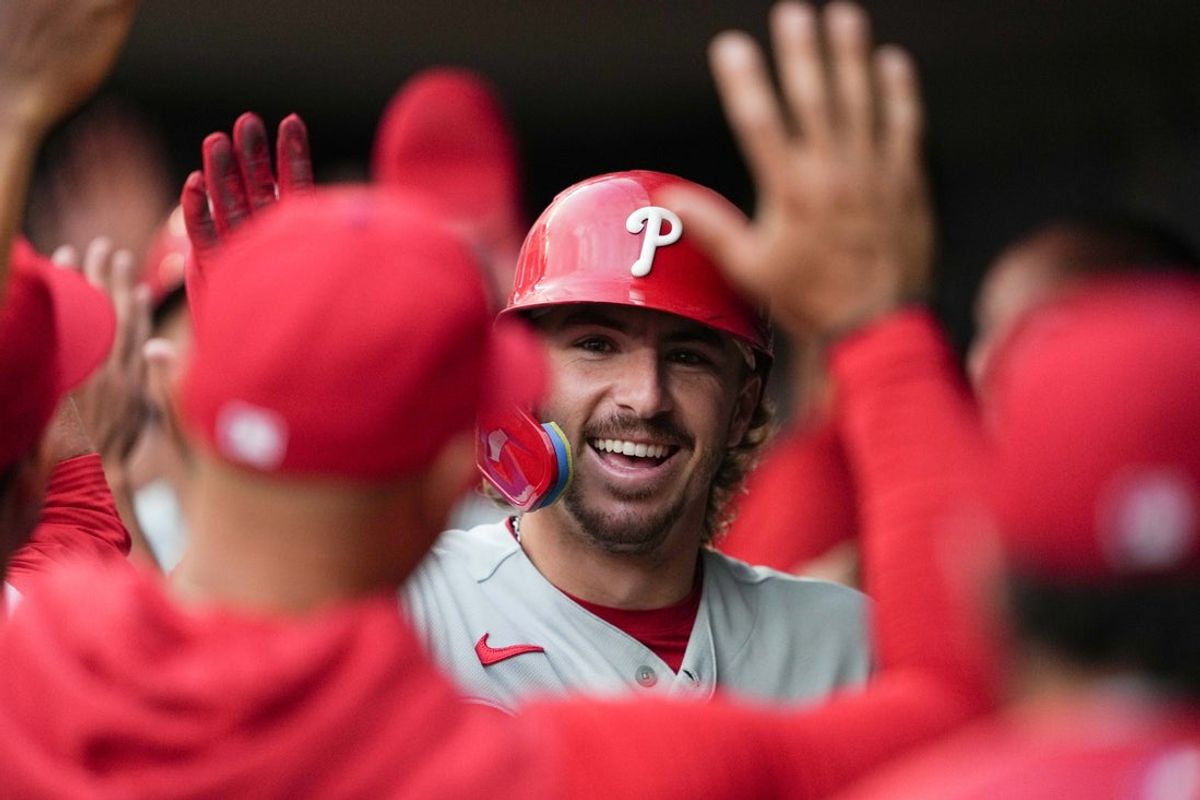 Aug 15, 2026; Minneapolis, Minnesota, USA; Philadelphia Phillies third baseman Bryson Stott (5) celebrates after hitting a three-run home run during the fifth inning against the Minnesota Twins at Target Field. Mandatory Credit: Jordan Johnson-Imagn Images