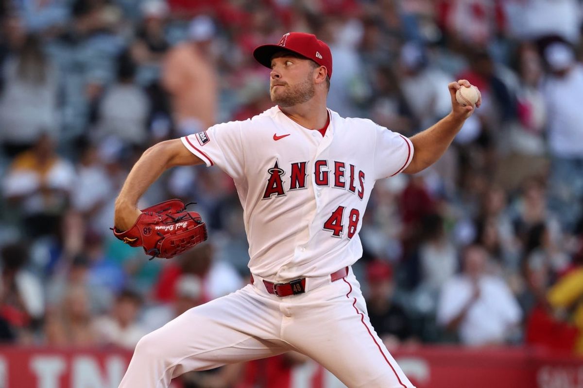 Aug 15, 2026; Anaheim, California, USA;  Los Angeles Angels pitcher Reid Detmers (48) pitches during the first inning against the Kansas City Royals at Angel Stadium. Mandatory Credit: Kiyoshi Mio-Imagn Images