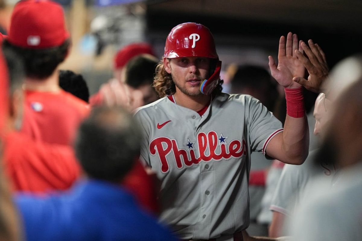 Aug 15, 2026; Minneapolis, Minnesota, USA; Philadelphia Phillies first baseman Alec Bohm (28) celebrates after scoring during the ninth inning against the Minnesota Twins at Target Field. Mandatory Credit: Jordan Johnson-Imagn Images