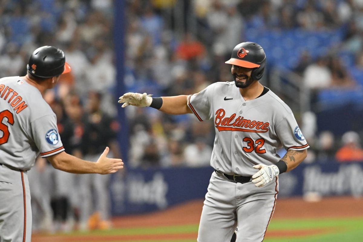 Aug 15, 2026; St. Petersburg, Florida, USA; Baltimore Orioles third baseman Christian Encarnacion-Strand (32) celebrates a home run during the sixth inning against Tampa Bay Rays at Tropicana Field. Mandatory Credit: Pablo Robles-Imagn Images