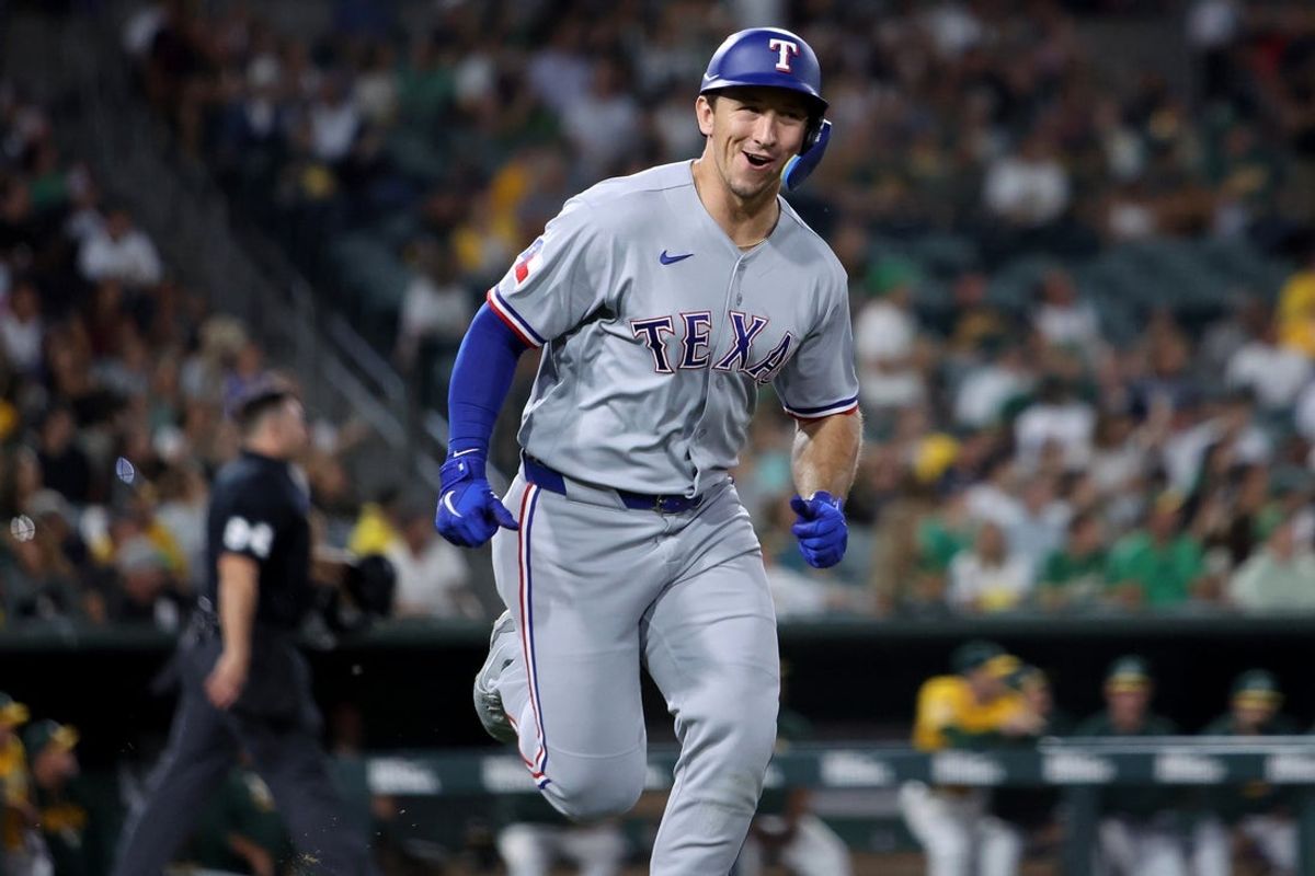 Aug 15, 2026; West Sacramento, California, USA; Texas Rangers left fielder Wyatt Langford (36) reacts after hitting a two-run home run against the Athletics during the sixth inning at Sutter Health Park. Mandatory Credit: Dennis Lee-Imagn Images