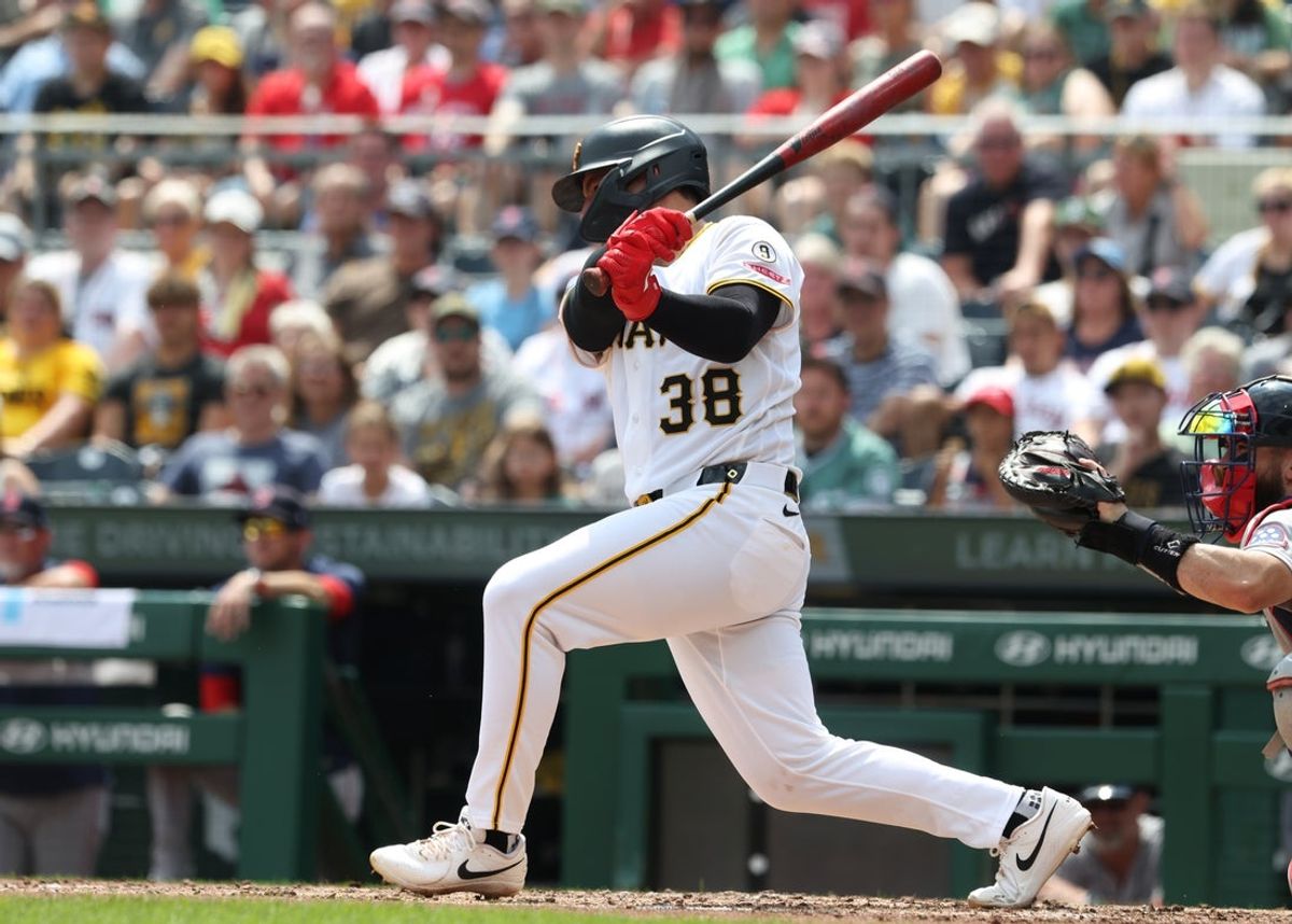 Aug 16, 2026; Pittsburgh, Pennsylvania, USA; Pittsburgh Pirates third baseman Nick Yorke (38) hits a two run single against the Boston Red Sox during the third inning at PNC Park. Mandatory Credit: Charles LeClaire-Imagn Images