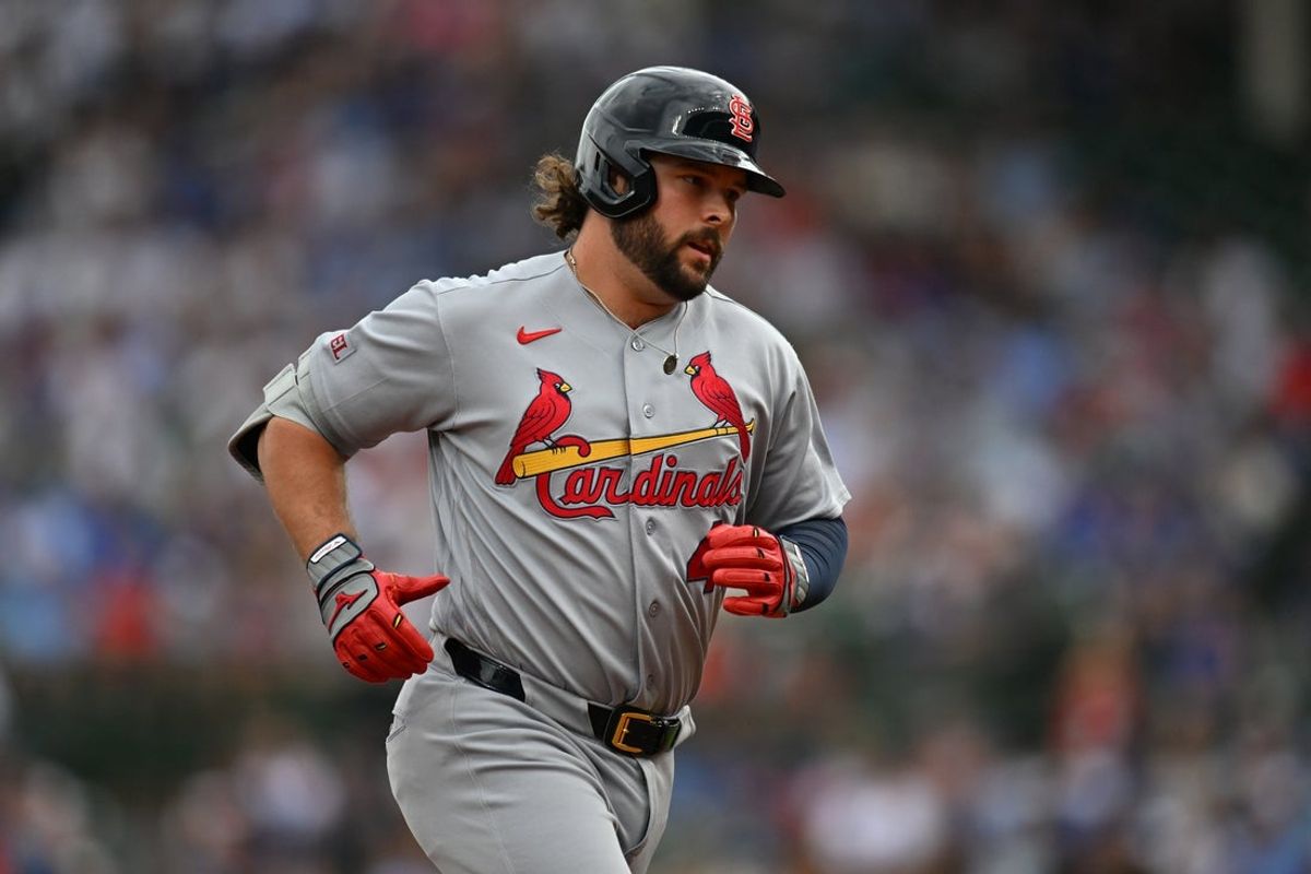 Aug 16, 2026; Chicago, Illinois, USA; St. Louis Cardinals first baseman Alec Burleson (41) rounds the bases after hitting a two-run home run against the Chicago Cubs during the first inning at Wrigley Field. Mandatory Credit: Patrick Gorski-Imagn Images