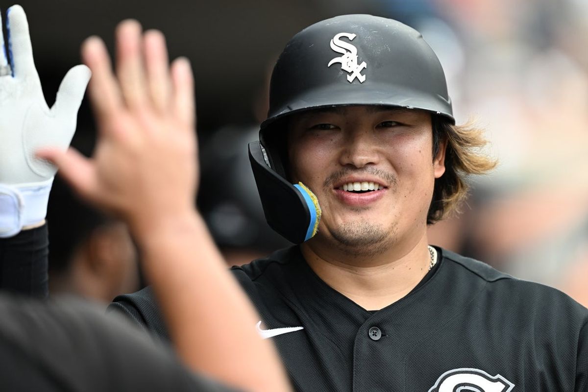Aug 16, 2026; Detroit, Michigan, USA; Chicago White Sox first baseman Munetaka Murakami (5) celebrates in the dugout after hitting a two-run home run against the Detroit Tigers in the seventh inning at Comerica Park. Horwedel-Imagn Images