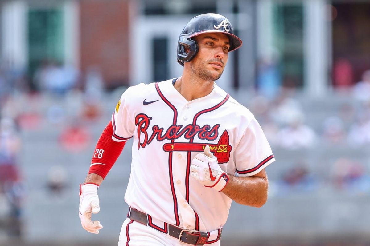 Aug 16, 2026; Cumberland, Georgia, USA; Atlanta Braves first baseman Matt Olson (28) runs the bases after hitting a home run against the Arizona Diamondbacks during the seventh inning at Truist Park. Mandatory Credit: Jordan Godfree-Imagn Images