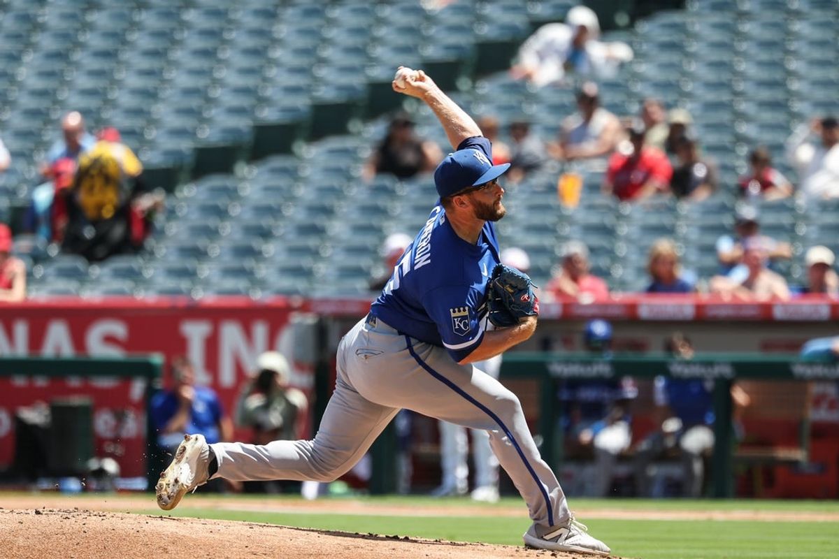 Aug 16, 2026; Anaheim, California, USA; Kansas City Royals pitcher Noah Cameron (65) throws a pitch during the first inning at Angel Stadium. Mandatory Credit: William Navarro-Imagn Images