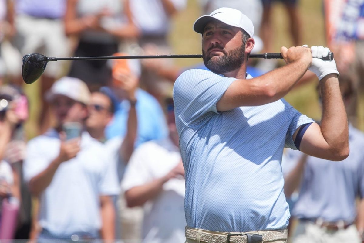 Scottie Scheffler tees off on the first hole during the final round of the FedEx St. Jude Championship at TPC Southwind in Memphis, Tenn., on August 16, 2026.