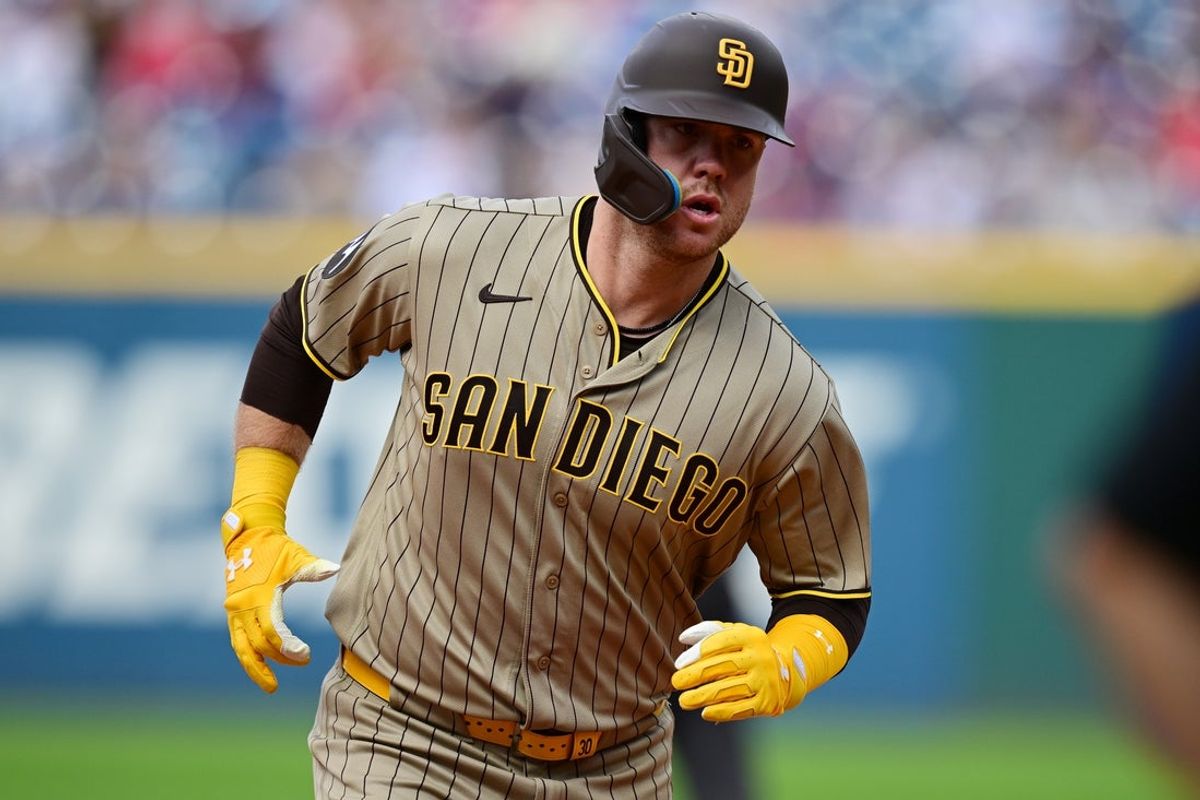 Aug 16, 2026; Cleveland, Ohio, USA; San Diego Padres left fielder Gavin Sheets (30) runs the bases after hitting a solo home run during the second inning against the Cleveland Guardians at Progressive Field. Mandatory Credit: David Dermer-Imagn Images
