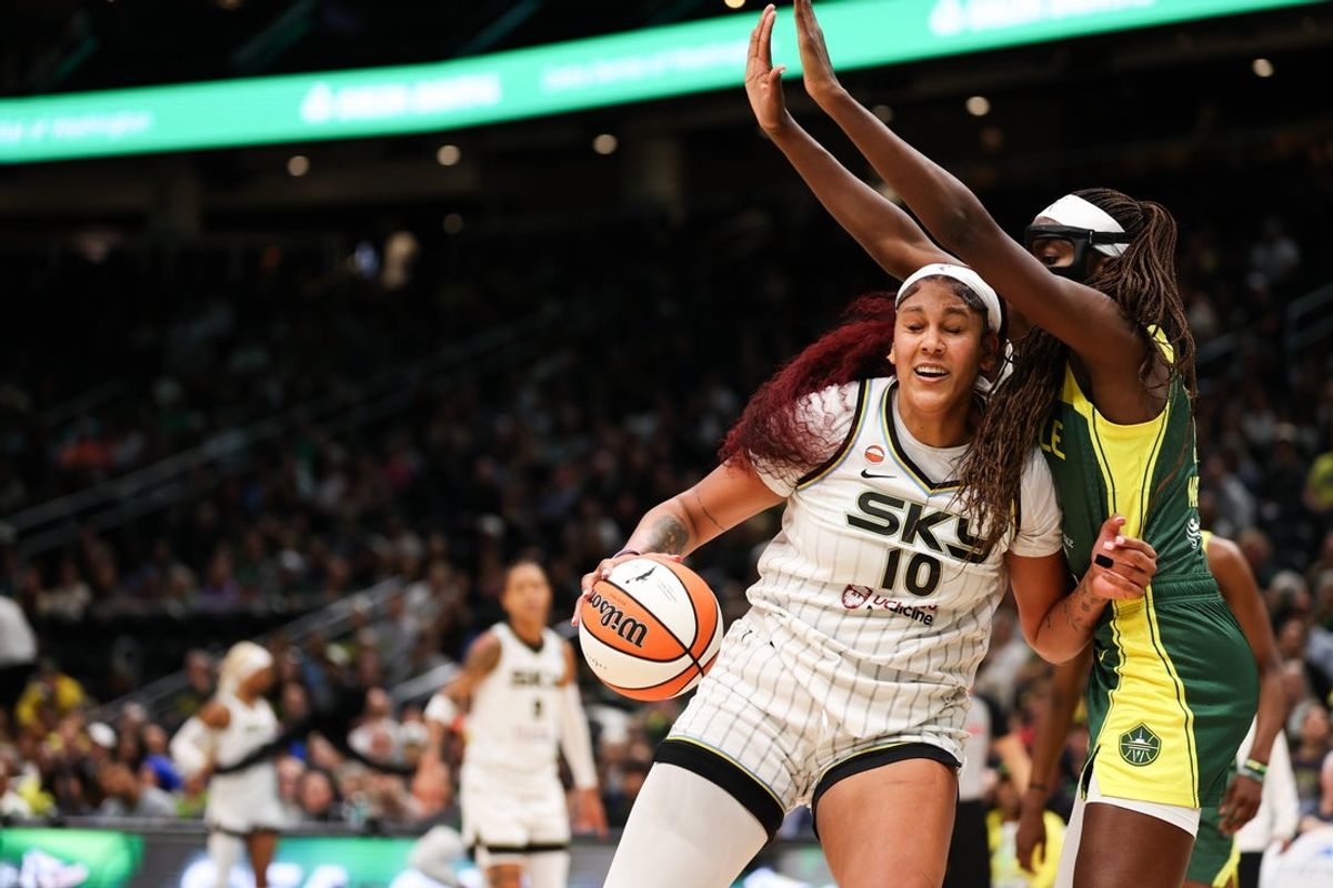 Aug 16, 2026; Seattle, Washington, USA; Chicago Sky center Kamilla Cardoso (10) drives against Seattle Storm forward-center Ezi Magbegor (13) in the first half at Climate Pledge Arena. Mandatory Credit: Kevin Ng-Imagn Images
