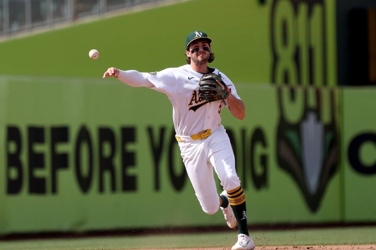 Aug 16, 2026; West Sacramento, California, USA; Athletics short stop Jacob Wilson (5) throws to first base for an out against the Texas Rangers during the ninth inning at Sutter Health Park. Mandatory Credit: Dennis Lee-Imagn Images