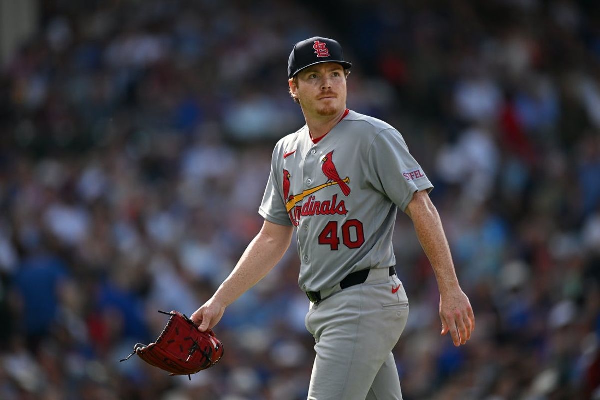 Aug 16, 2026; Chicago, Illinois, USA; St. Louis Cardinals pitcher Hunter Dobbins (40) walks back to the dugout after being relieved against the Chicago Cubs during the sixth inning at Wrigley Field. Mandatory Credit: Patrick Gorski-Imagn Images