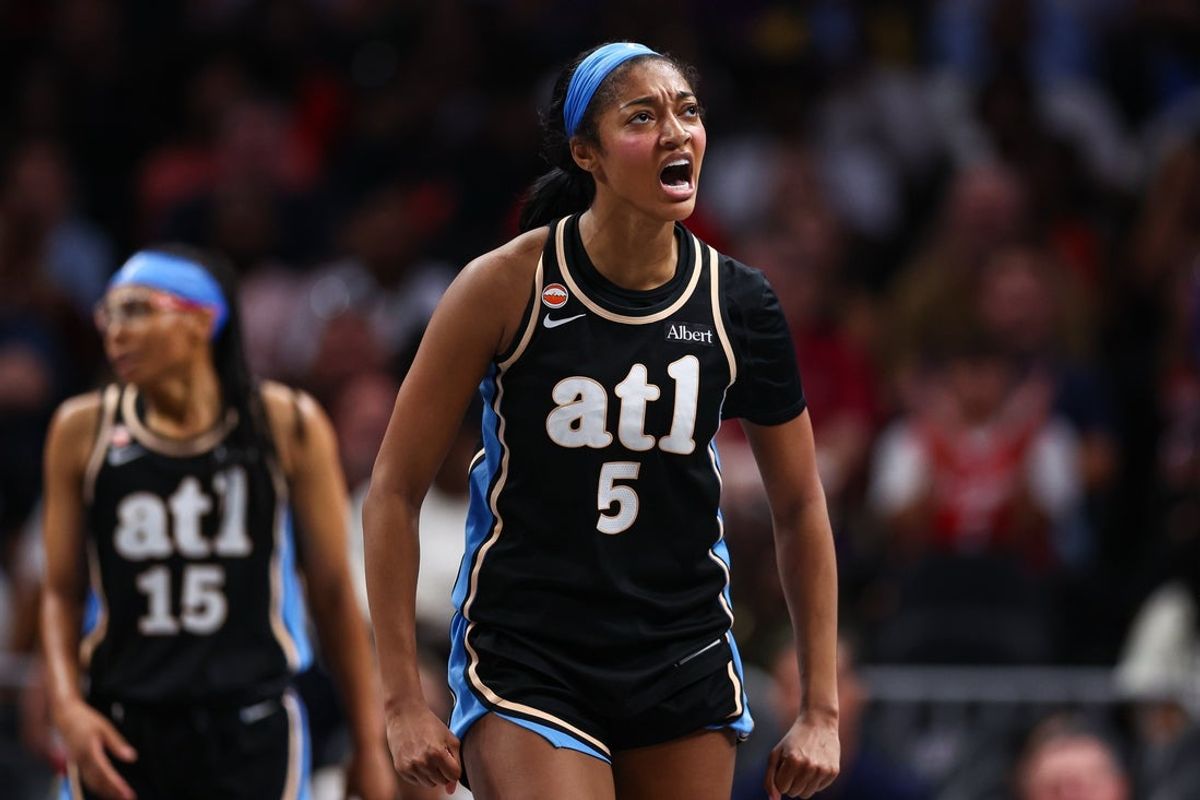 Aug 16, 2026; Atlanta, Georgia, USA; Atlanta Dream forward Angel Reese (5) reacts against the Indiana Fever during the third quarter at State Farm Arena. Mandatory Credit: Colin Hubbard-Imagn Images