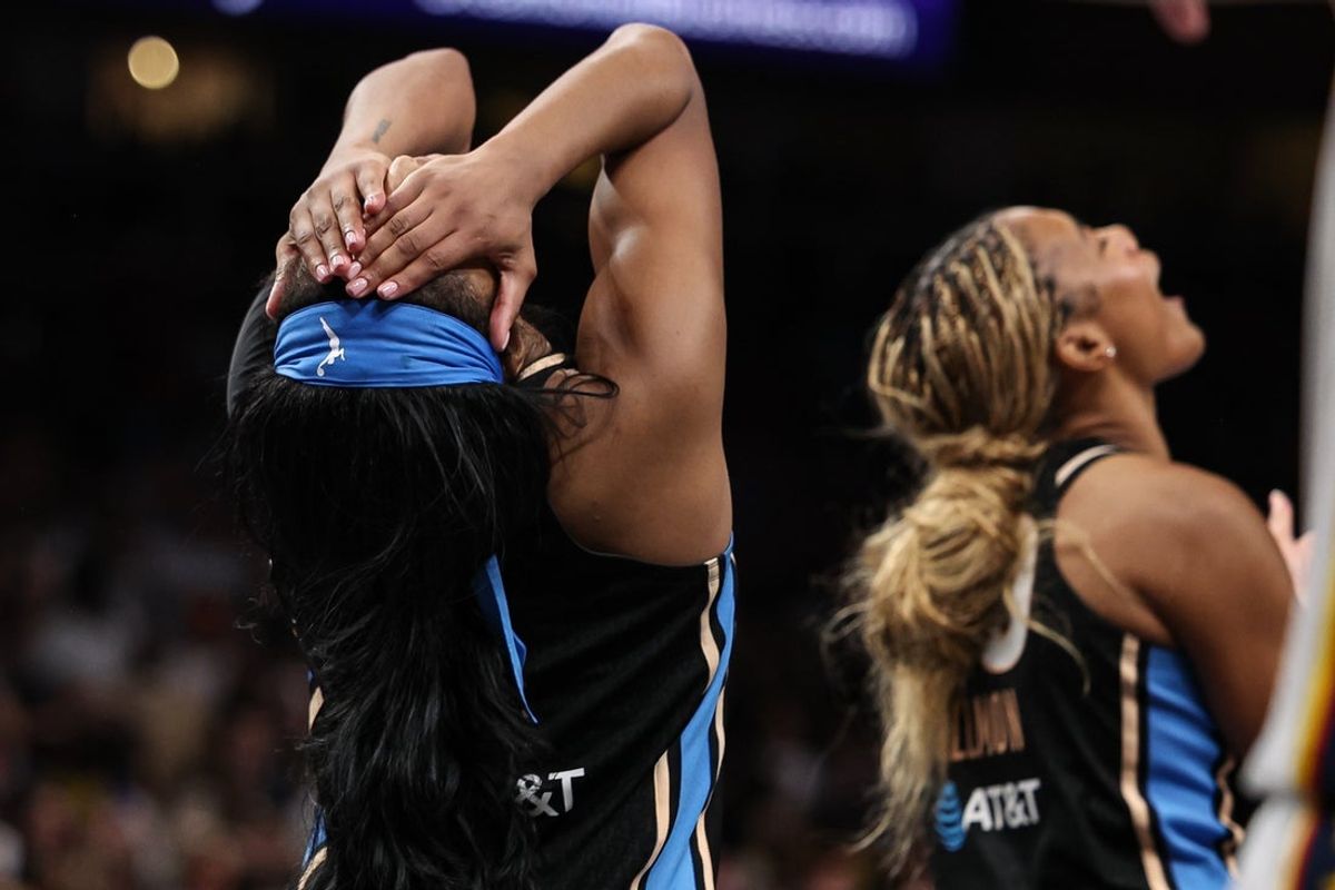 Aug 16, 2026; Atlanta, Georgia, USA; Atlanta Dream forward Angel Reese (5) reacts after missing a layup against the Indiana Fever during the fourth quarter at State Farm Arena. Mandatory Credit: Colin Hubbard-Imagn Images