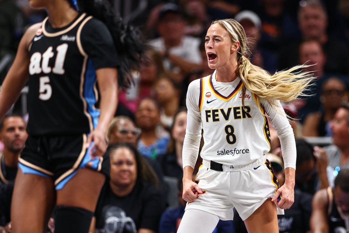 Aug 16, 2026; Atlanta, Georgia, USA; Indiana Fever guard Sophie Cunningham (8) reacts against the Atlanta Dream during the fourth quarter at State Farm Arena. Mandatory Credit: Colin Hubbard-Imagn Images