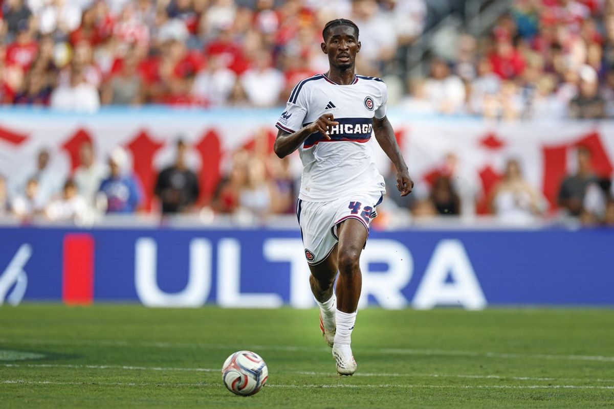 Aug 16, 2026; Chicago, Illinois, USA; Chicago Fire FC midfielder Dje D’avilla (42) controls the ball during the first half of a MLS game against the Portland Timbers at Soldier Field. Mandatory Credit: Kamil Krzaczynski-Imagn Images