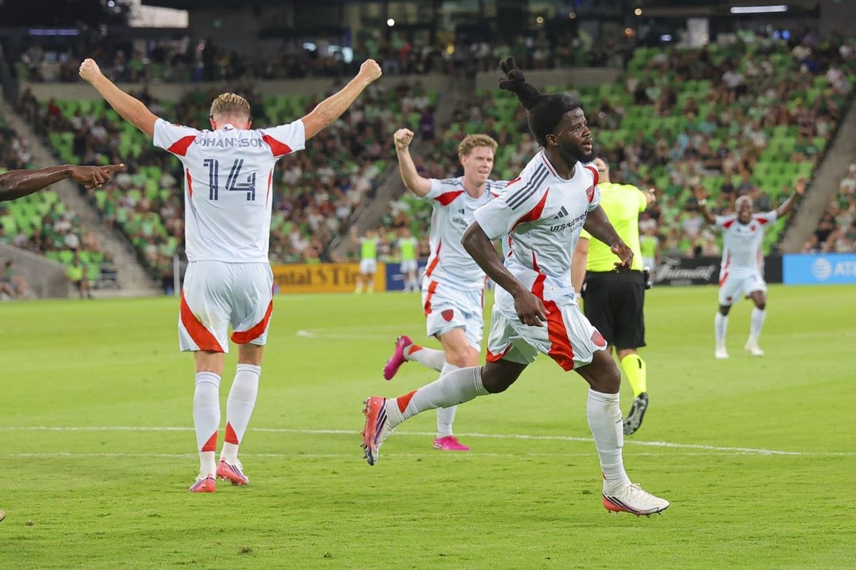Aug 16, 2026; Austin, Texas, USA; FC Dallas defender Lalas Abubakar (5) celebrates with his teammates after scoring a goal in the first half in a match between Austin FC and FC Dallas at Q2 Stadium. Mandatory Credit: Daniel Jefferson-Imagn Images