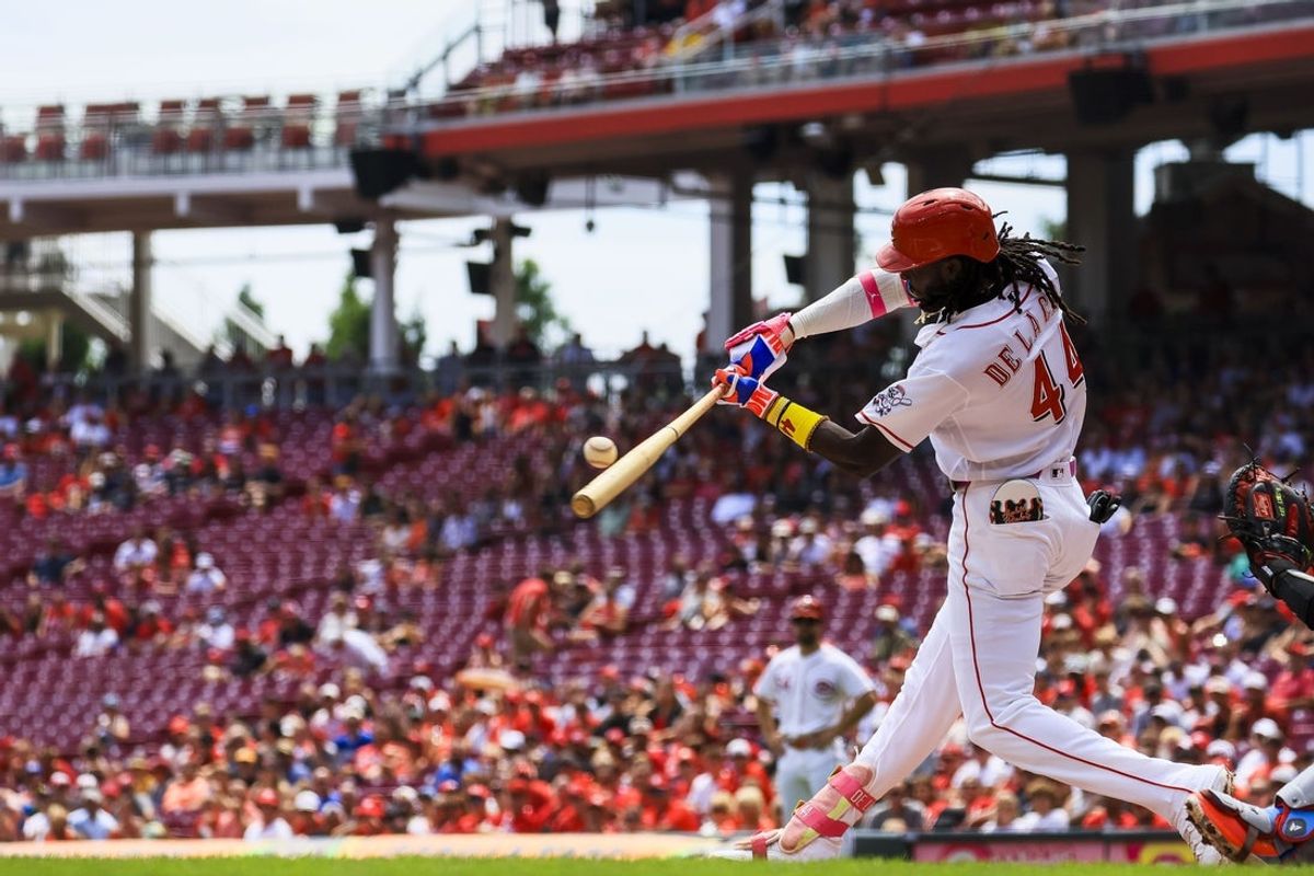 Aug 16, 2026; Cincinnati, Ohio, USA; Cincinnati Reds shortstop Elly De La Cruz (44) bats against the Miami Marlins in the first inning at Great American Ball Park. Mandatory Credit: Katie Stratman-Imagn Images