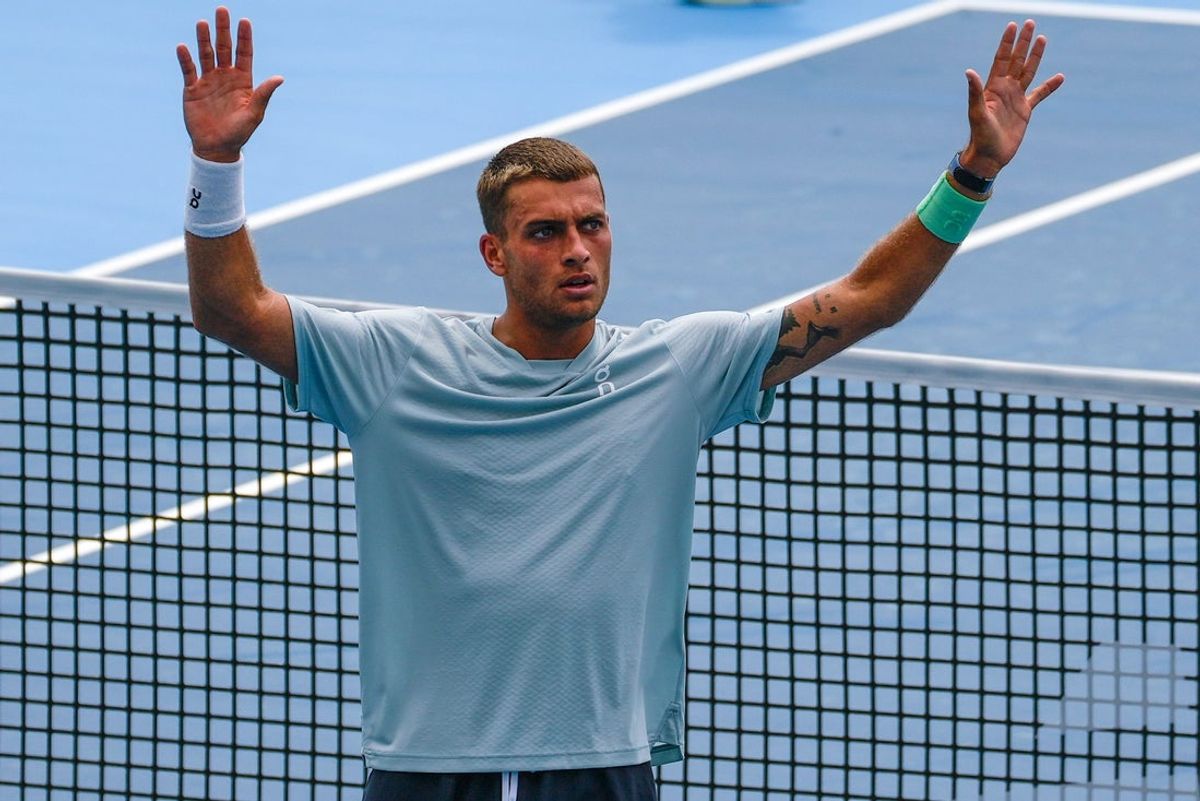 Flavio Cobolli celebrates a win over Alexander Blockx in round three of the Cincinnati Open at the Lindner Family Tennis Center in Mason, Ohio, on Monday, Aug. 17, 2026. Cabolli advanced with a 7-5, 4-6, 7-5 win.