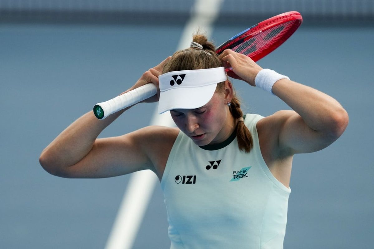Aug 17, 2026; Mason, OH, USA;  Elena Rybakina (KAZ) reacts after returning a shot against Magdalena Frech (POL) during the Cincinnati Open at Lindner Family Tennis Center. Mandatory Credit: Aaron Doster-Imagn Images
