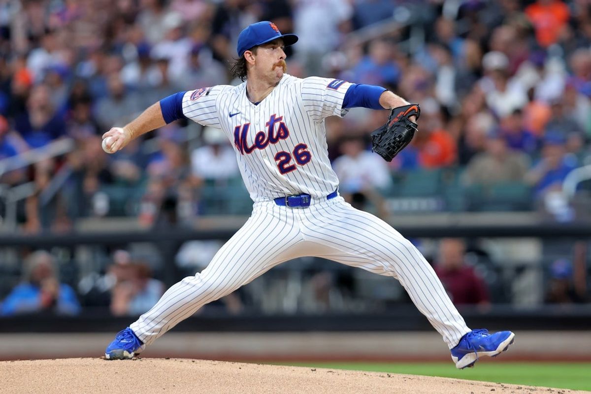 Aug 17, 2026; New York City, New York, USA; New York Mets starting pitcher Nolan McLean (26) pitches against the San Diego Padres during the first inning at Citi Field. Mandatory Credit: Brad Penner-Imagn Images