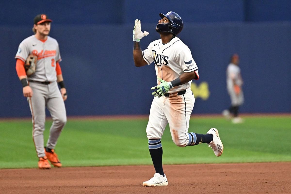 Aug 17, 2026; St. Petersburg, Florida, USA; Tampa Bay Rays shortstop Jorge Mateo (9) reacts after hitting a two-run home run in the fourth inning against the Baltimore Orioles at Tropicana Field. Mandatory Credit: Jonathan Dyer-Imagn Images