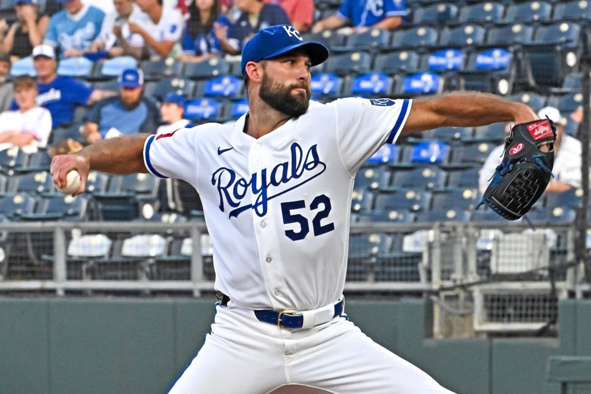 Aug 17, 2026; Kansas City, Missouri, USA;  Kansas City Royals starting pitcher Michael Wacha (52) throws a pitch in the first inning against the Athletics at Kauffman Stadium. Mandatory Credit: Peter Aiken-Imagn Images