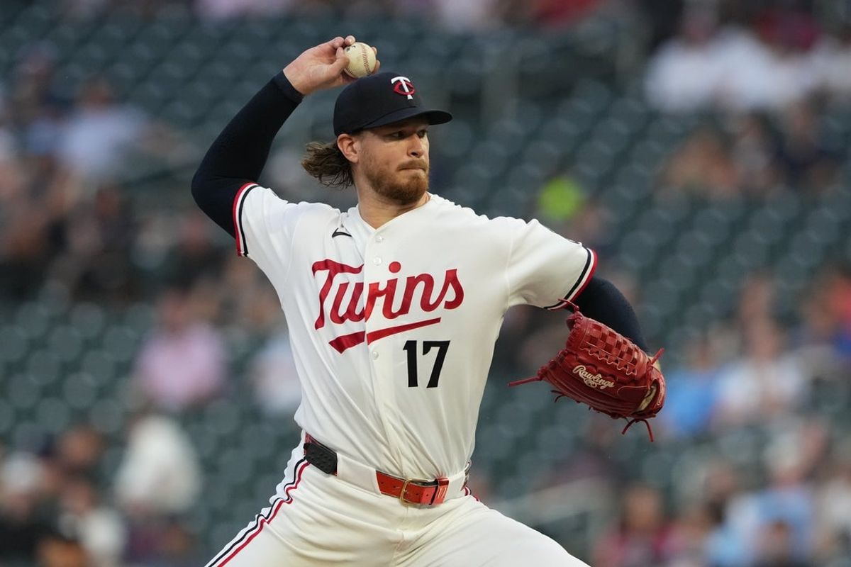 Aug 17, 2026; Minneapolis, Minnesota, USA; Minnesota Twins pitcher Bailey Ober (17) pitches during the first inning against the Atlanta Braves at Target Field. Mandatory Credit: Jordan Johnson-Imagn Images