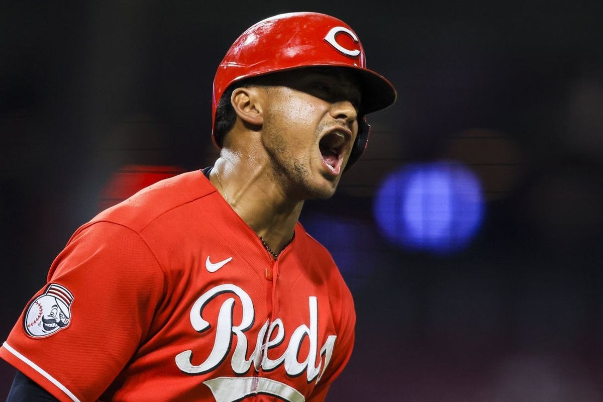 Aug 17, 2026; Cincinnati, Ohio, USA; Cincinnati Reds pinch-hitter Dane Myers (17) reacts after hitting a solo home run in the ninth inning against the St. Louis Cardinals at Great American Ball Park. Mandatory Credit: Katie Stratman-Imagn Images