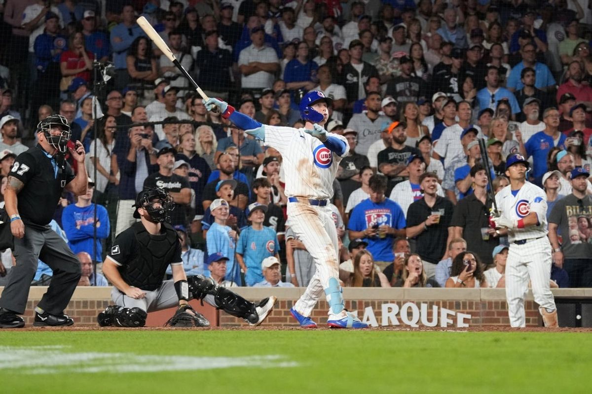Aug 17, 2026; Chicago, Illinois, USA; Chicago Cubs center fielder Pete Crow-Armstrong (4) hits a walk-off two-run home run against the Chicago White Sox during the tenth inning at Wrigley Field. Mandatory Credit: David Banks-Imagn Images