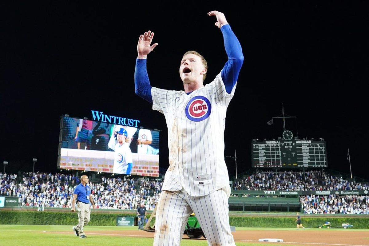 Aug 17, 2026; Chicago, Illinois, USA; Chicago Cubs center fielder Pete Crow-Armstrong (4) gestures to the fans after his walk-off two-run home run home run against the Chicago White Sox during the tenth inning at Wrigley Field. Mandatory Credit: David Banks-Imagn Images