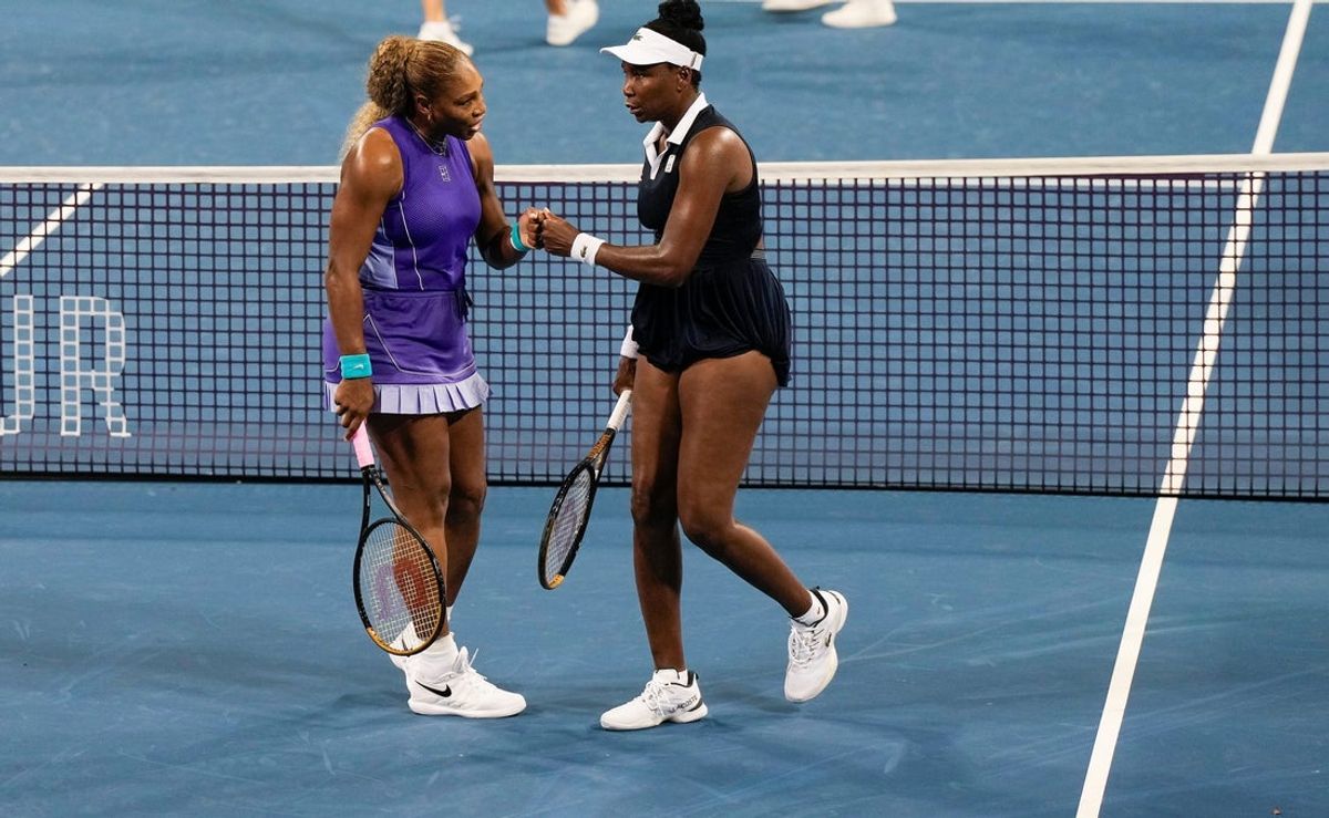 Serena Williams and her sister, Venus Williams, compete in a doubles match during the Cincinnati Open at the Lindner Family Tennis Center in Mason on Aug. 17, 2026. The sisters fell to Marta Kostyuk and Peyton Stearns, 6-2, 1-6, 10-8.