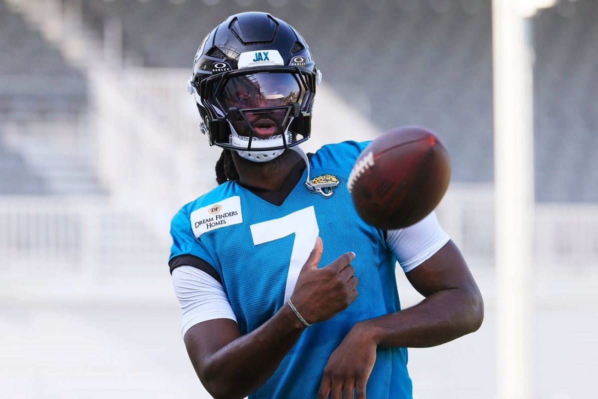 Jacksonville Jaguars wide receiver Brian Thomas Jr. (7) tosses the ball back during Day 15 of NFL training camp at the Miller Electric Center on Tuesday, Aug. 18, 2026, in Jacksonville, Fla.