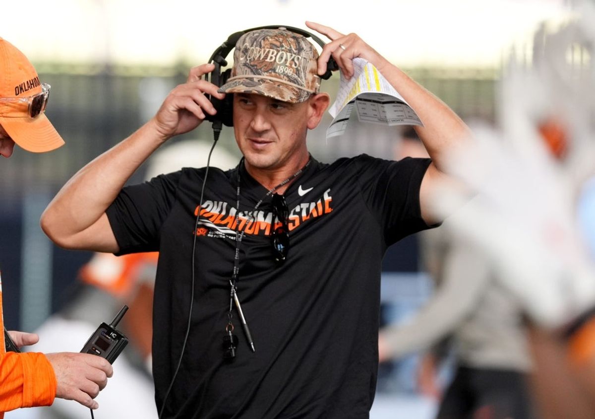 Oklahoma State head football coach  Eric Morris is pictured during an Oklahoma State football practice in Stillwater, Okla., Aug. 18, 2026.