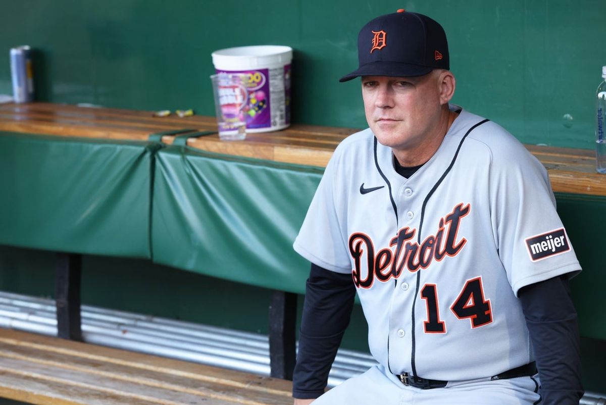 Aug 18, 2026; Pittsburgh, Pennsylvania, USA;  Detroit Tigers manager A.J. Hinch (14) looks on from the dugout before the game against the Pittsburgh Pirates at PNC Park. Mandatory Credit: Charles LeClaire-Imagn Images