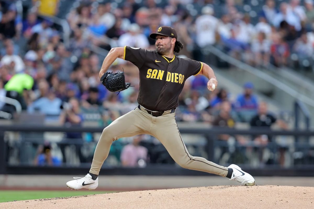 Aug 18, 2026; New York City, New York, USA; San Diego Padres starting pitcher Robbie Ray (38) pitches during the first inning against the New York Mets at Citi Field. Mandatory Credit: Brad Penner-Imagn Images