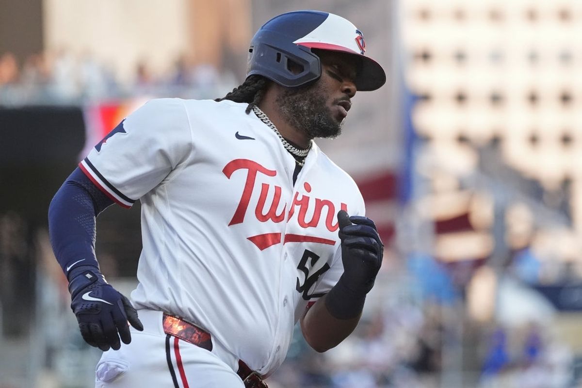 Aug 18, 2026; Minneapolis, Minnesota, USA; Minnesota Twins designated hitter Josh Bell (56) runs the bases on his two-run home run against the Atlanta Braves in the first inning at Target Field. Mandatory Credit: Bruce Kluckhohn-Imagn Images
