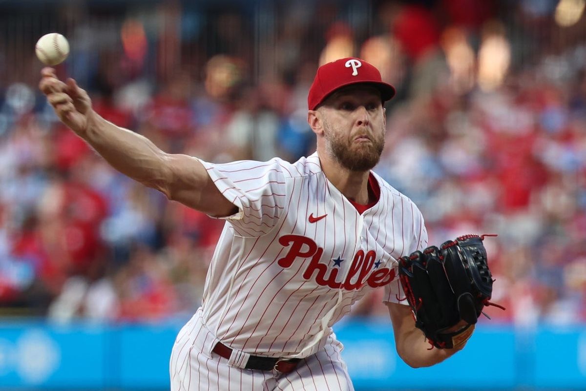 Aug 18, 2026; Philadelphia, Pennsylvania, USA; Philadelphia Phillies pitcher Zack Wheeler (45) throws a pitch against the Miami Marlins at Citizens Bank Park. Mandatory Credit: Bill Streicher-Imagn Images