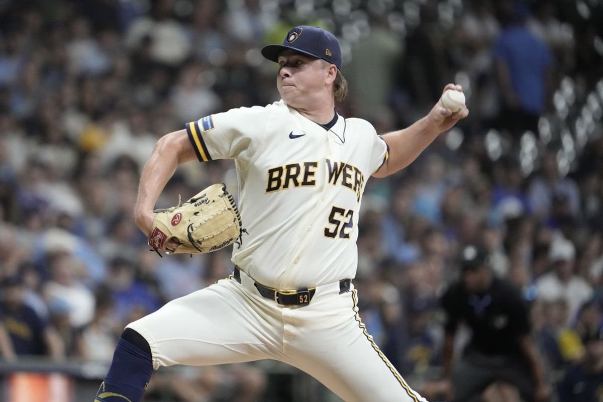 Aug 18, 2026; Milwaukee, Wisconsin, USA; Milwaukee Brewers pitcher Kyle Harrison (52) delivers a pitch agaiinst the Seattle Mariners in the first inning at American Family Field. Mandatory Credit: Michael McLoone-Imagn Images