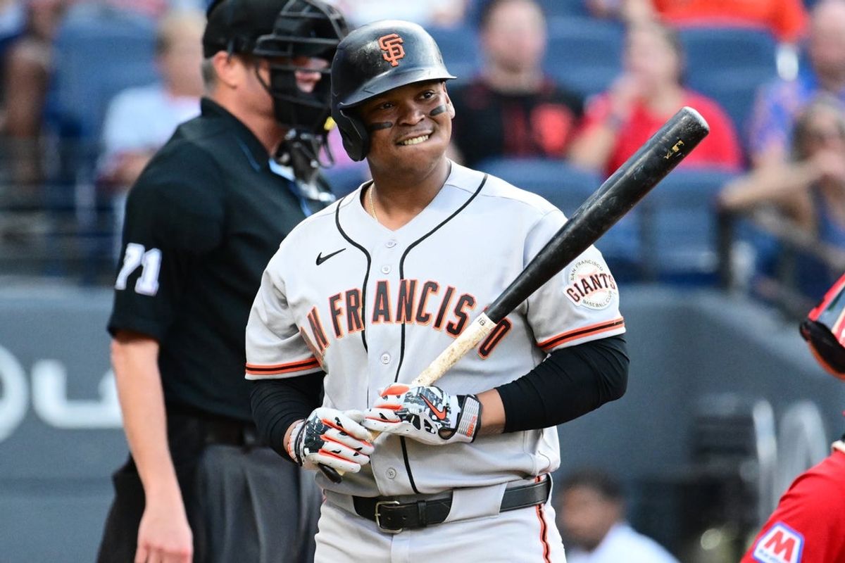 Aug 18, 2026; Cleveland, Ohio, USA; San Francisco Giants designated hitter Rafael Devers (16) reacts after striking out during the first inning against the Cleveland Guardians at Progressive Field. Mandatory Credit: Ken Blaze-Imagn Images