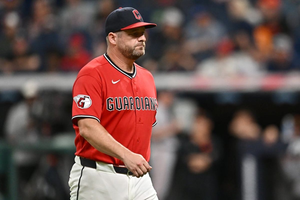 Aug 18, 2026; Cleveland, Ohio, USA; Cleveland Guardians manager Stephen Vogt (12) walks back to the dugout after a pitching change during the ninth inning against the San Francisco Giants at Progressive Field. Mandatory Credit: Ken Blaze-Imagn Images