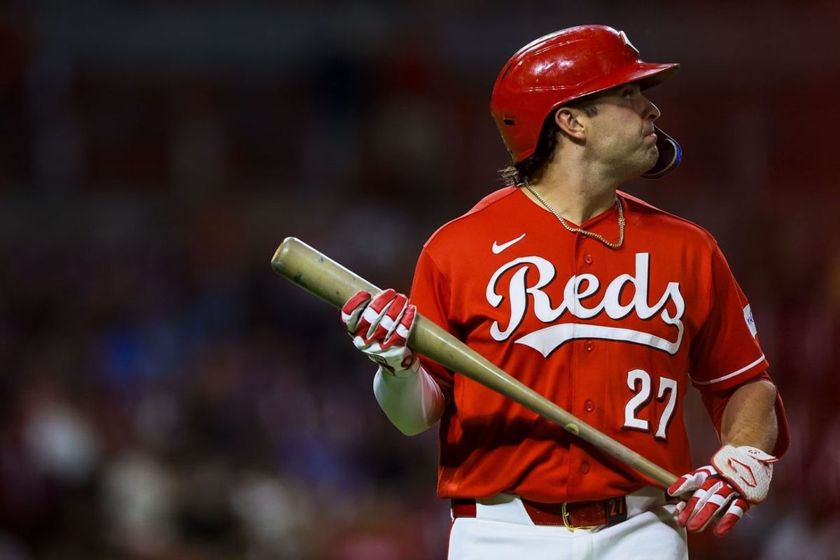 Aug 18, 2026; Cincinnati, Ohio, USA; Cincinnati Reds first baseman Sal Stewart (27) walks off the field after a play in the ninth inning against the St. Louis Cardinals at Great American Ball Park. Mandatory Credit: Katie Stratman-Imagn Images