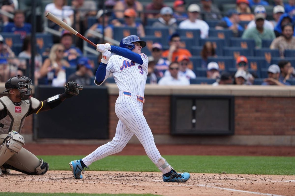 Aug 19, 2026; New York City, New York, USA; New York Mets right fielder Carson Benge (3) hits a two run home run against the San Diego Padres during the fourth inning at Citi Field. Mandatory Credit: Gregory Fisher-Imagn Images