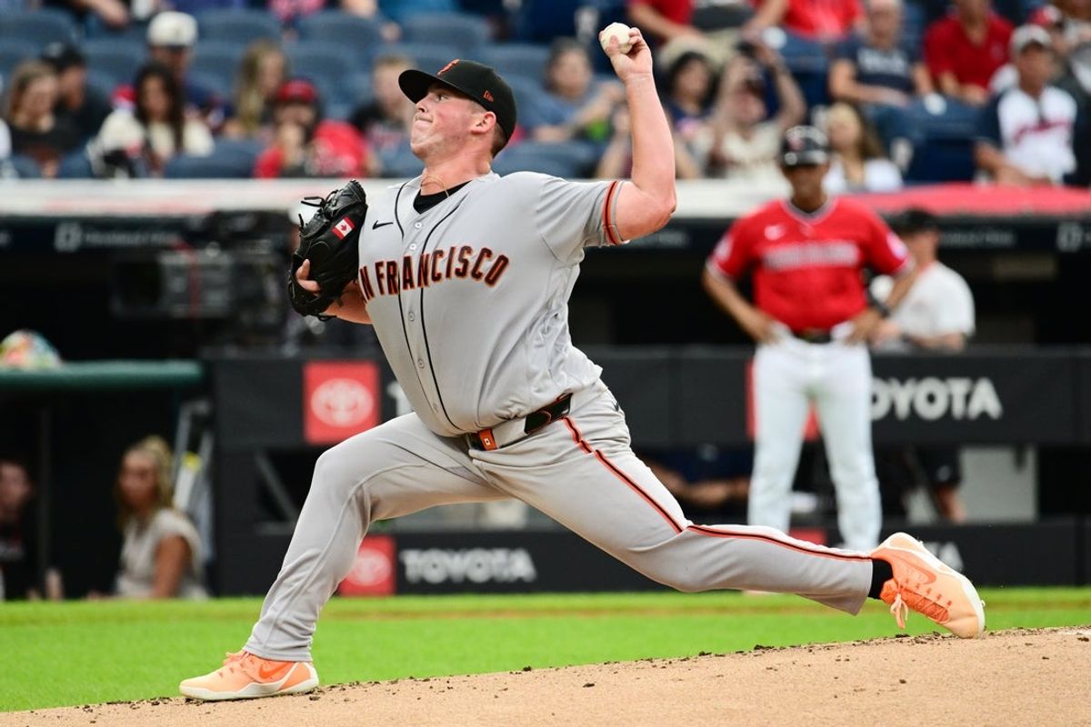 Aug 19, 2026; Cleveland, Ohio, USA; San Francisco Giants starting pitcher Matt Wilkinson (71) throws a pitch during the first inning against the Cleveland Guardians at Progressive Field. Mandatory Credit: Ken Blaze-Imagn Images