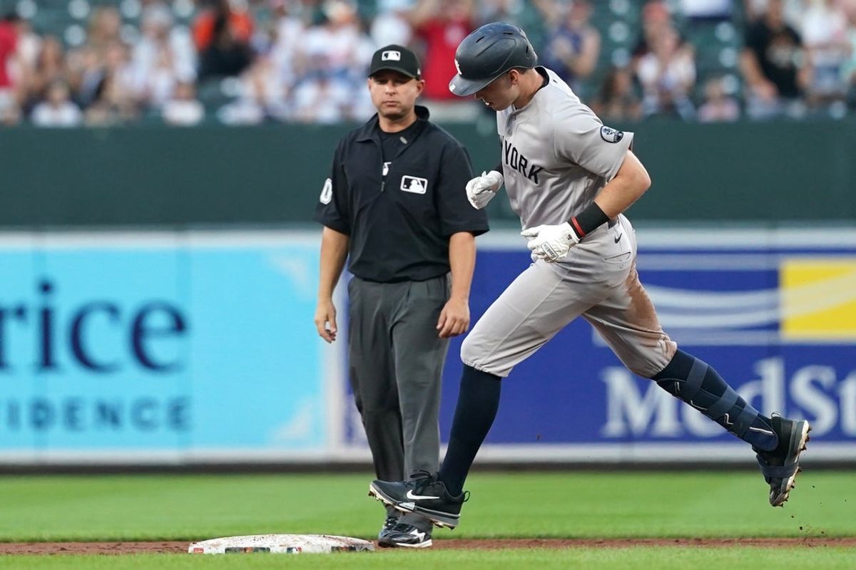 Aug 19, 2026; Baltimore, Maryland, USA; New York Yankees designated hitter Ben Rice (22) rounds the bases following his solo home run in the third inning against the Baltimore Orioles at Oriole Park at Camden Yards. Mandatory Credit: Mitch Stringer-Imagn Images
