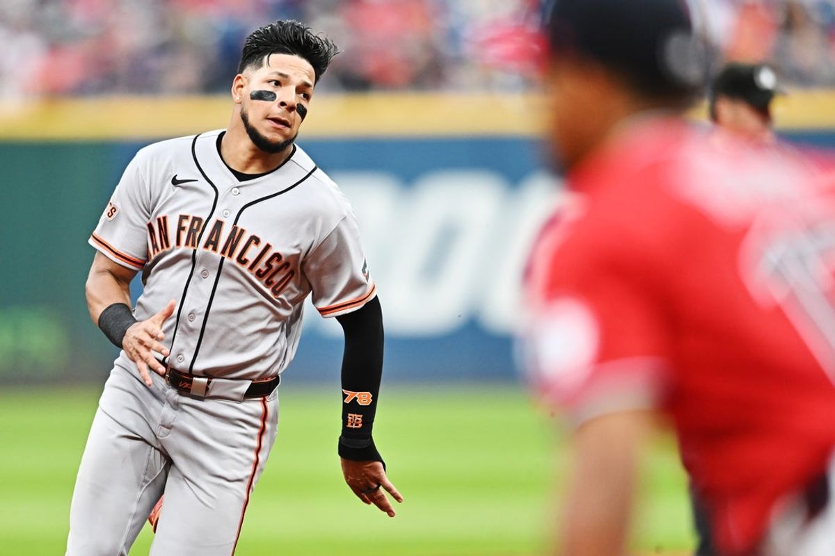 Aug 19, 2026; Cleveland, Ohio, USA; San Francisco Giants left fielder Victor Bericoto (78) advances to third on a double by right fielder Jung Hoo Lee (not pictured) during the fourth inning at Progressive Field. Mandatory Credit: Ken Blaze-Imagn Images