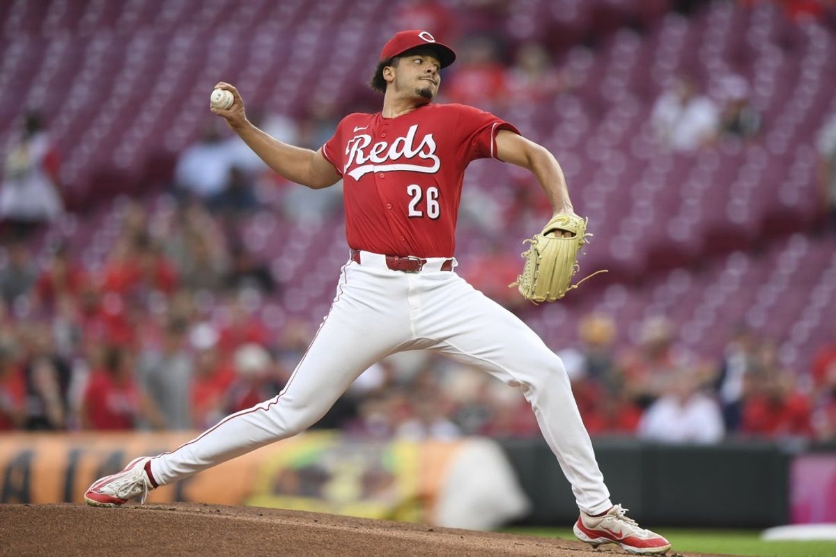 Aug 19, 2026; Cincinnati, Ohio, USA; Cincinnati Reds starting pitcher Chase Burns (26) pitches against the St. Louis Cardinals during the first inning at Great American Ball Park. Mandatory Credit: Tanner Pearson-Imagn Images