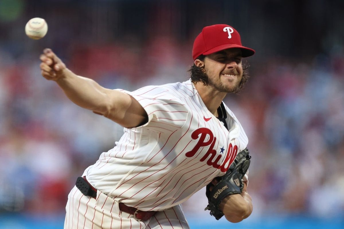 Aug 19, 2026; Philadelphia, Pennsylvania, USA; Philadelphia Phillies pitcher Aaron Nola (27) throws a pitch against the Miami Marlins at Citizens Bank Park. Mandatory Credit: Bill Streicher-Imagn Images