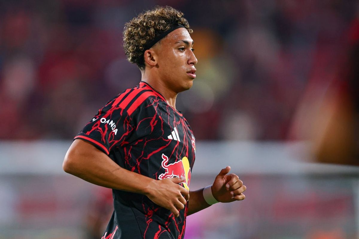 Aug 19, 2026; Harrison, New Jersey, USA; New York Red Bulls forward Julian Hall (16) runs up field against the Nashville SC during the first half at Sports Illustrated Stadium. Mandatory Credit: Vincent Carchietta-Imagn Images