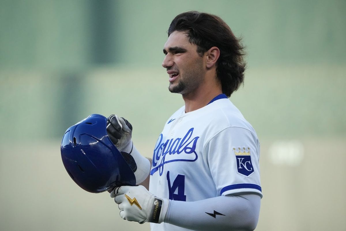 Aug 19, 2026; Kansas City, Missouri, USA; Kansas City Royals right fielder Jac Caglianone (14) reacts after hitting a single against the Athletics during the first inning at Kauffman Stadium. Mandatory Credit: Denny Medley-Imagn Images